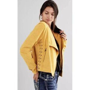 WILLOW and ROOT Faux Suede Moto Jacket Long Sleeve Cropped Mustard Yellow L C-25